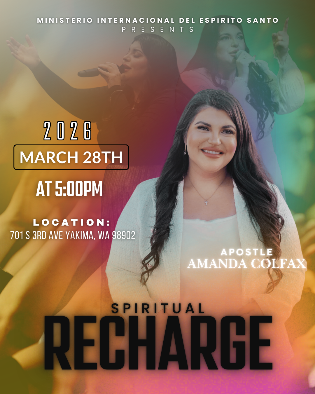 Spiritual Recharge March 28, 2026 event flyer in English for Yakima, Washington.